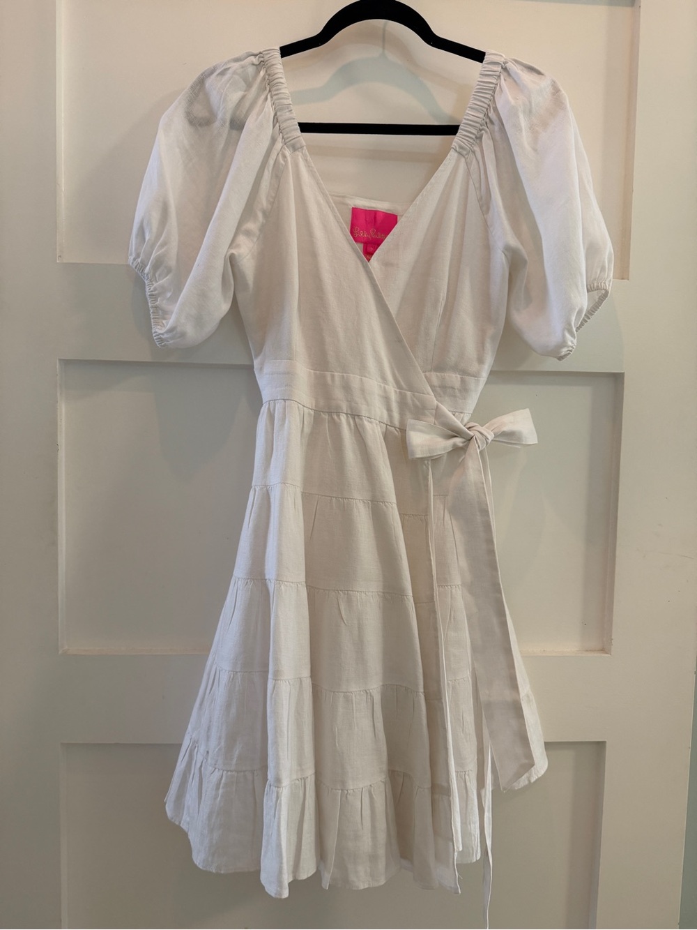Lilly Pulitzer Iralee Linen Tiered Puff Sleeve Wrap Dress White Size 2